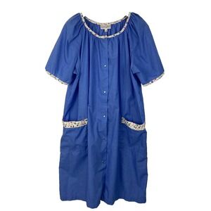 Vanity Fair Blue Floral Trim Snap Front Pocketed Lounger Dress Size 10-12